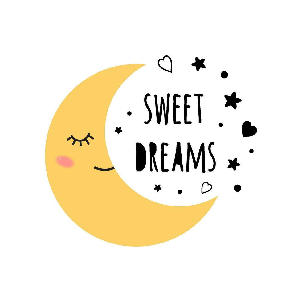 Sweet dreams wish for baby decorated yellow moon Smiling moon isolated on white Hand drawn cute poster for kids cloth design Text for baby shower design card template. Childish vector illustration. 25686472 sweet-dreams-wish-for-baby-decorated-yellow-moon-smiling-moon-isolated-on-white-hand-drawn-cute-poster-for-kids-cloth-design-text-for-baby-shower-design-card-template-childish-vector-illustration-25686472