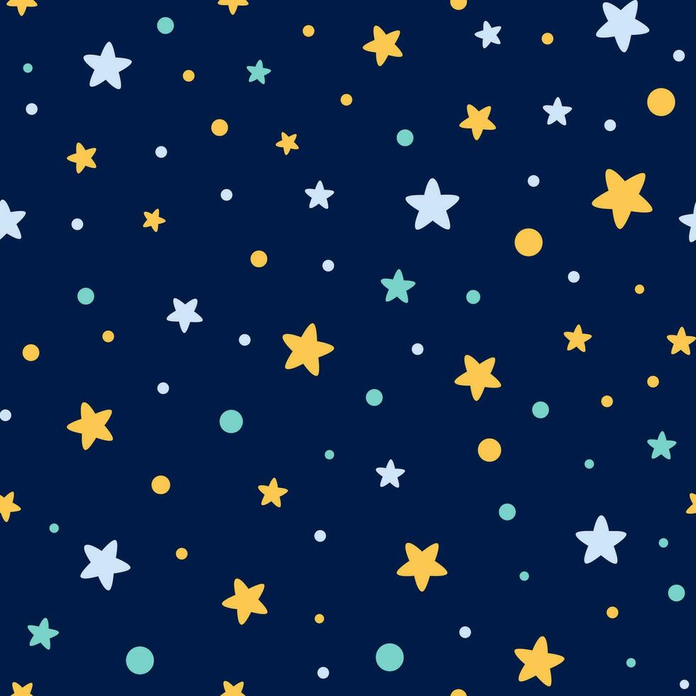 Starry seamless pattern decorated yellow blue stars on dark night blue background Template for xmas wallpaper wrap fabric textile cloth Baby shower background birthday invitation Vector illustration.
