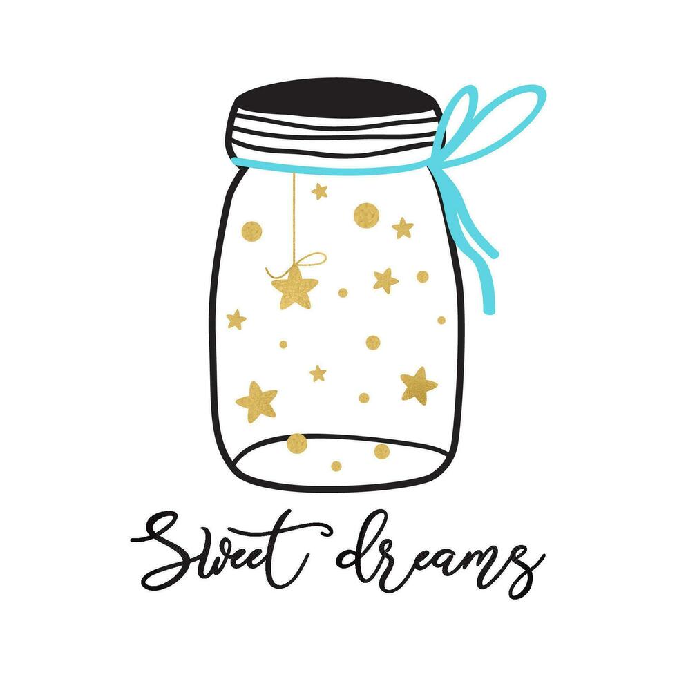Vector good night postcard with text Sweet dreams Cute nursery poster for baby room with gold stars into glass jar on white background Print Good night illustration for kids room Label concept design.