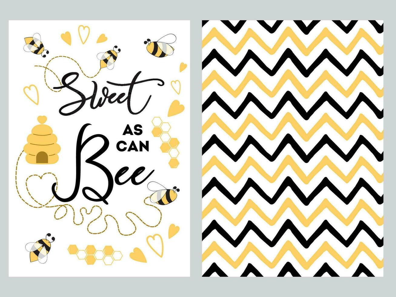 Newborn banner design set with text Sweet as can Bee with cute hand drawn bee honey sweet heart Yellow black zig zag bee template background Vector illustration. Baby Shower Boy or Girl birthday card