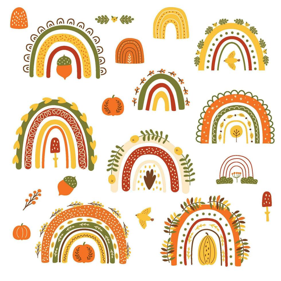 Autumn decorative hand drawn element set. Vector fall rainbows collection, pumpkin. Thanksgiving symbols, fall cute arches illustration.Orange rainbows in childish style.