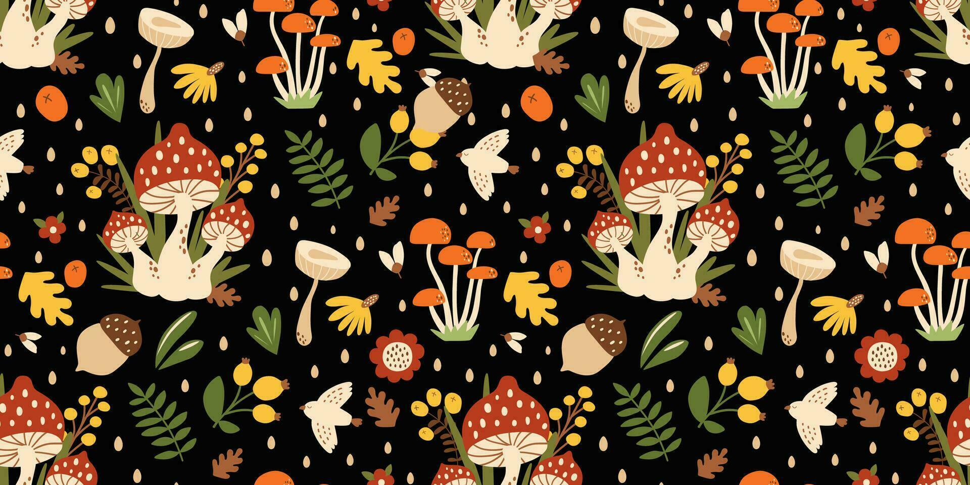 Forest mushrooms seamless pattern with fall leaves, berries, flowers, acorn, bird on black repeat background. Vector nature print. Hand drawn fly agaric amanita edible mushrooms in cute childish style