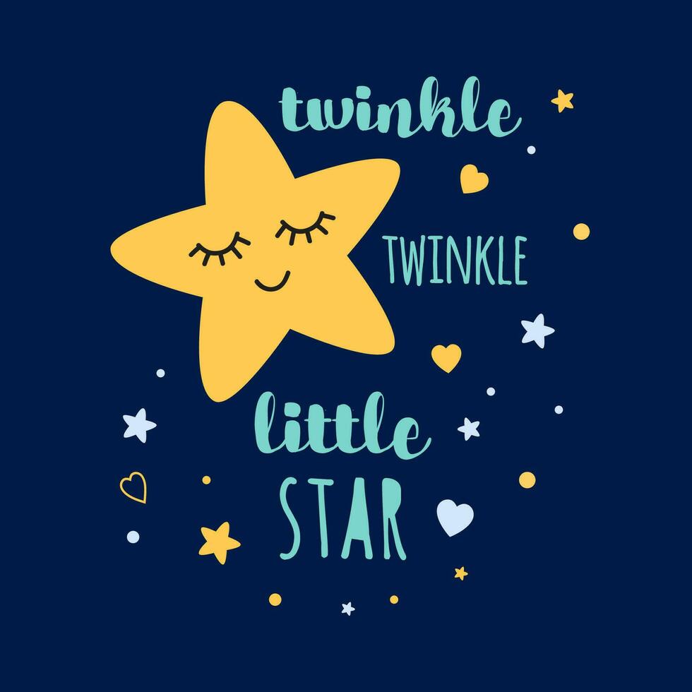 Twinkle twinkle little star text with cute sleeping yellow stars for Baby shower template poster design. Flayer for kids birthday invitation New born concept Inspirational quote Vector illustration.