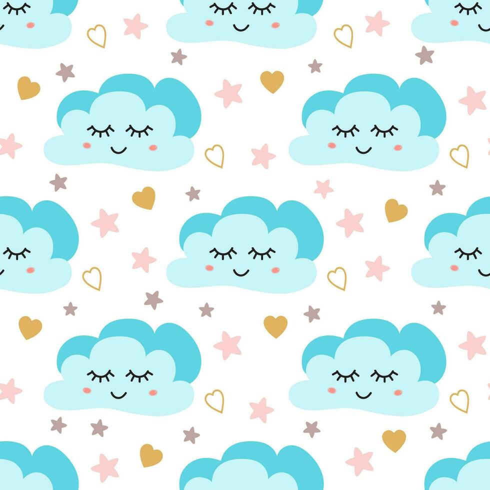 Cute sky pattern. Seamless vector design with smiling, sleeping moon hearts stars clouds Baby illustration Sky print pattern for kids Childish wallpaper. Night pyjamas template. Fabric cloth design.