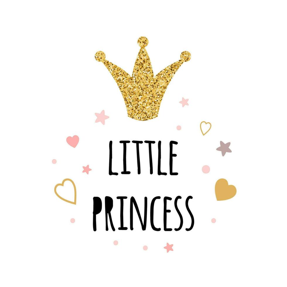 vector ilustración de pequeño princesa texto para muchachas ropa decorado reluciente oro corona rosado estrellas corazones real Insignia tarjeta tarjeta postal icono inspirador citar bandera. letras rosado niña póster.