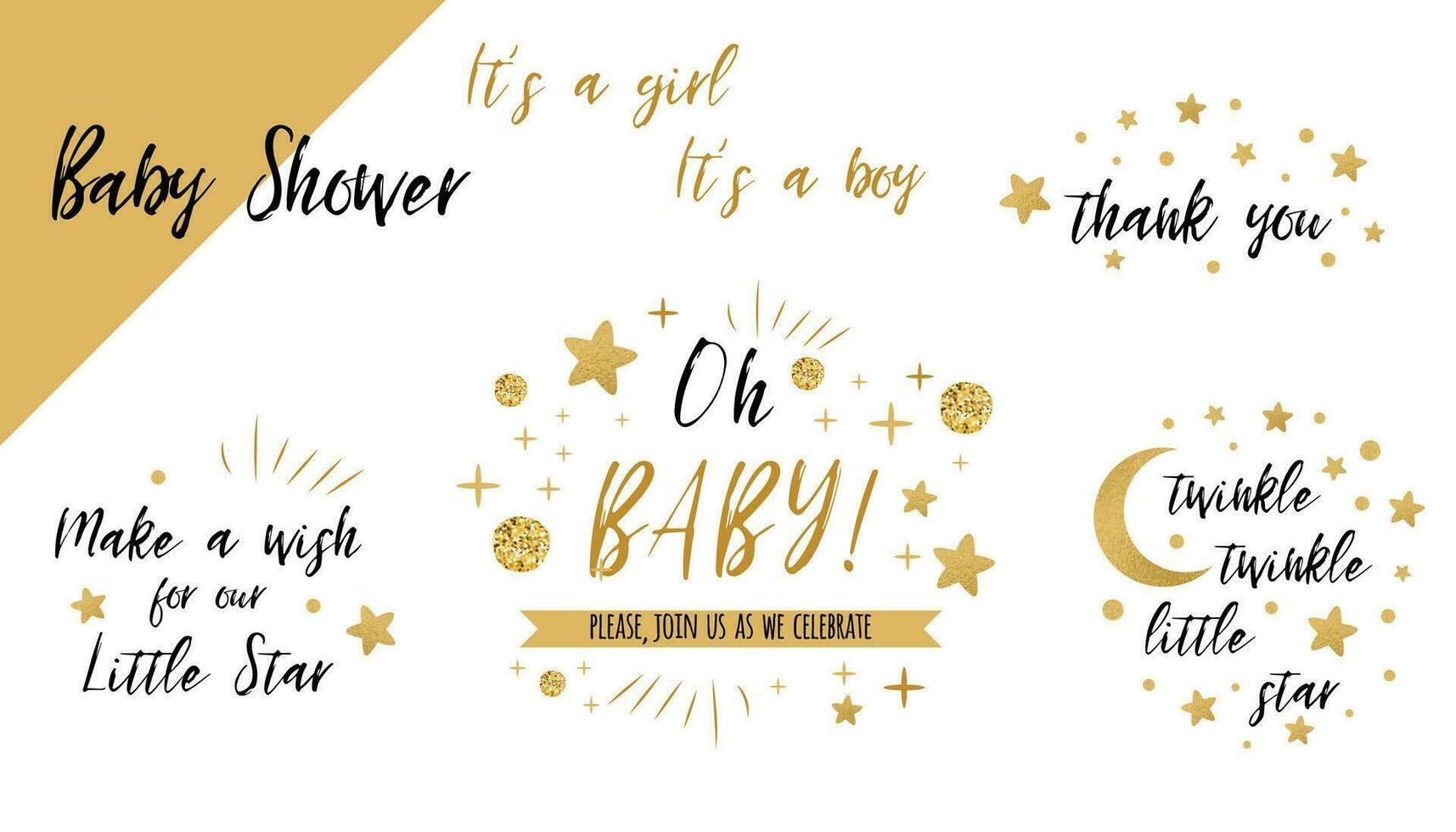 Baby shower set templates Twinkle twinkle little star text with cute gold stars Oh baby Thank you Banner for children birthday design, invitation, thank you card, wishes for baby Vector illustration.