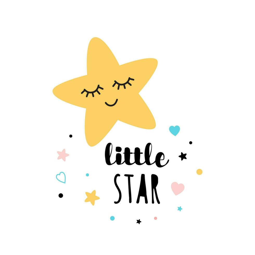 Little star text decorated star shape isolated on white background Cute hand drawn poster for baby shower invitation template Baby element Banner for children birthday design. Vector illustration.