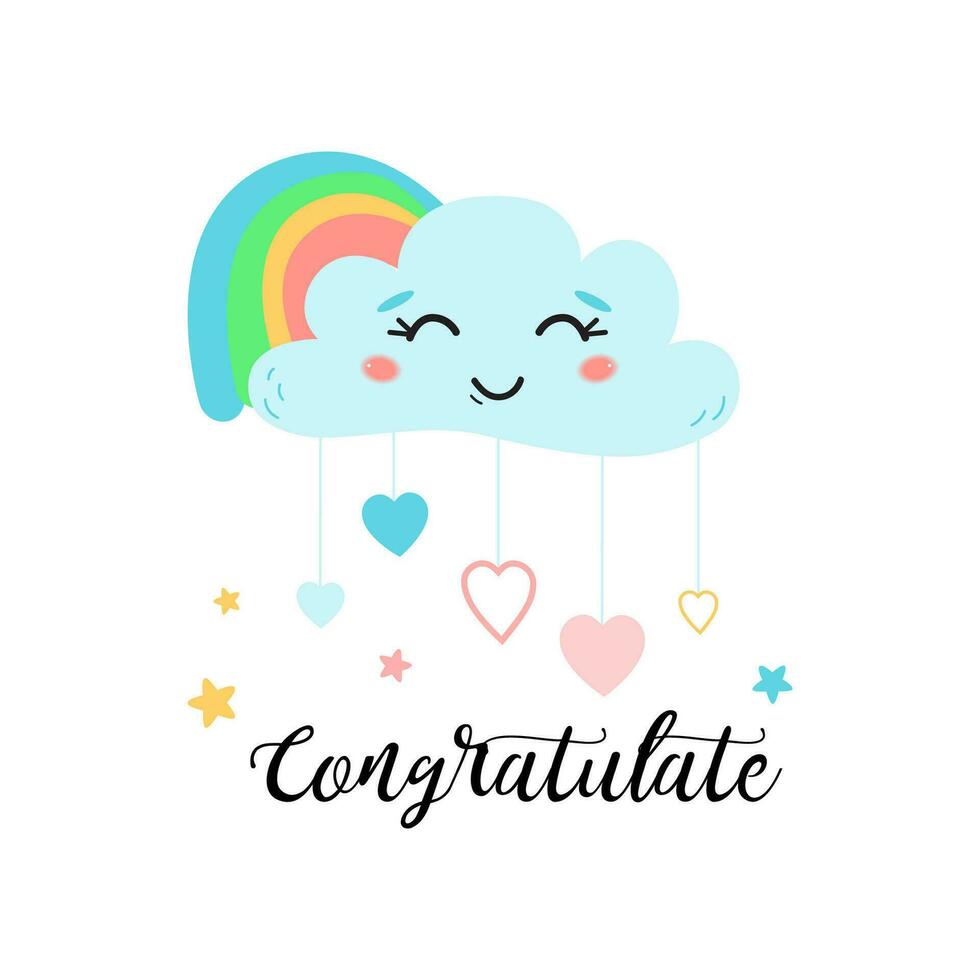 Congratulations banner with colorful smiling cute cloud rainbow Vector illustration Text for Congratulate Print Banner card template.