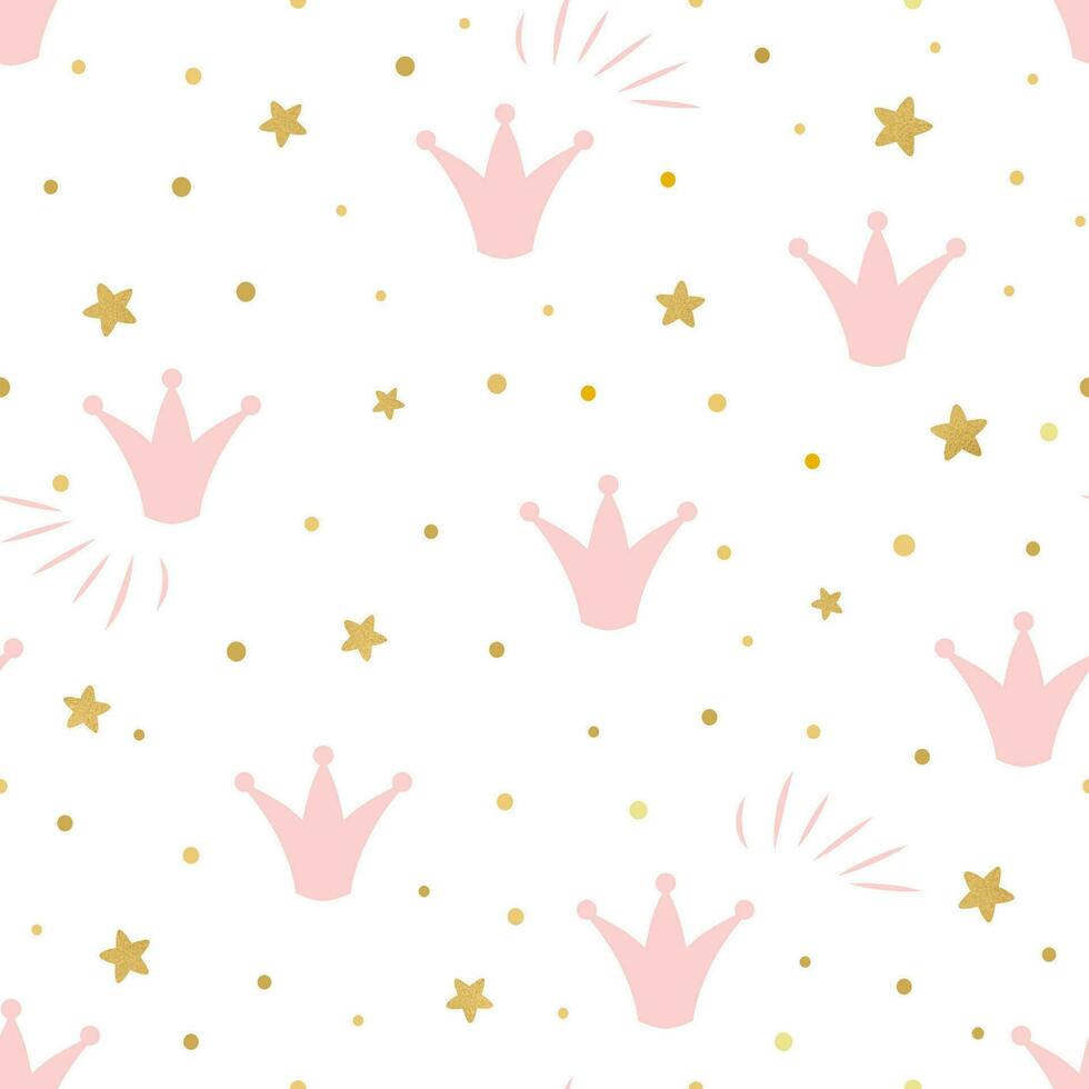 rosado linda princesa modelo sin costura antecedentes con un rosado corona oro estrellas en un blanco antecedentes lata ser usado para fondo de pantalla, modelo llena, web página fondo, superficie texturas vector ilustración