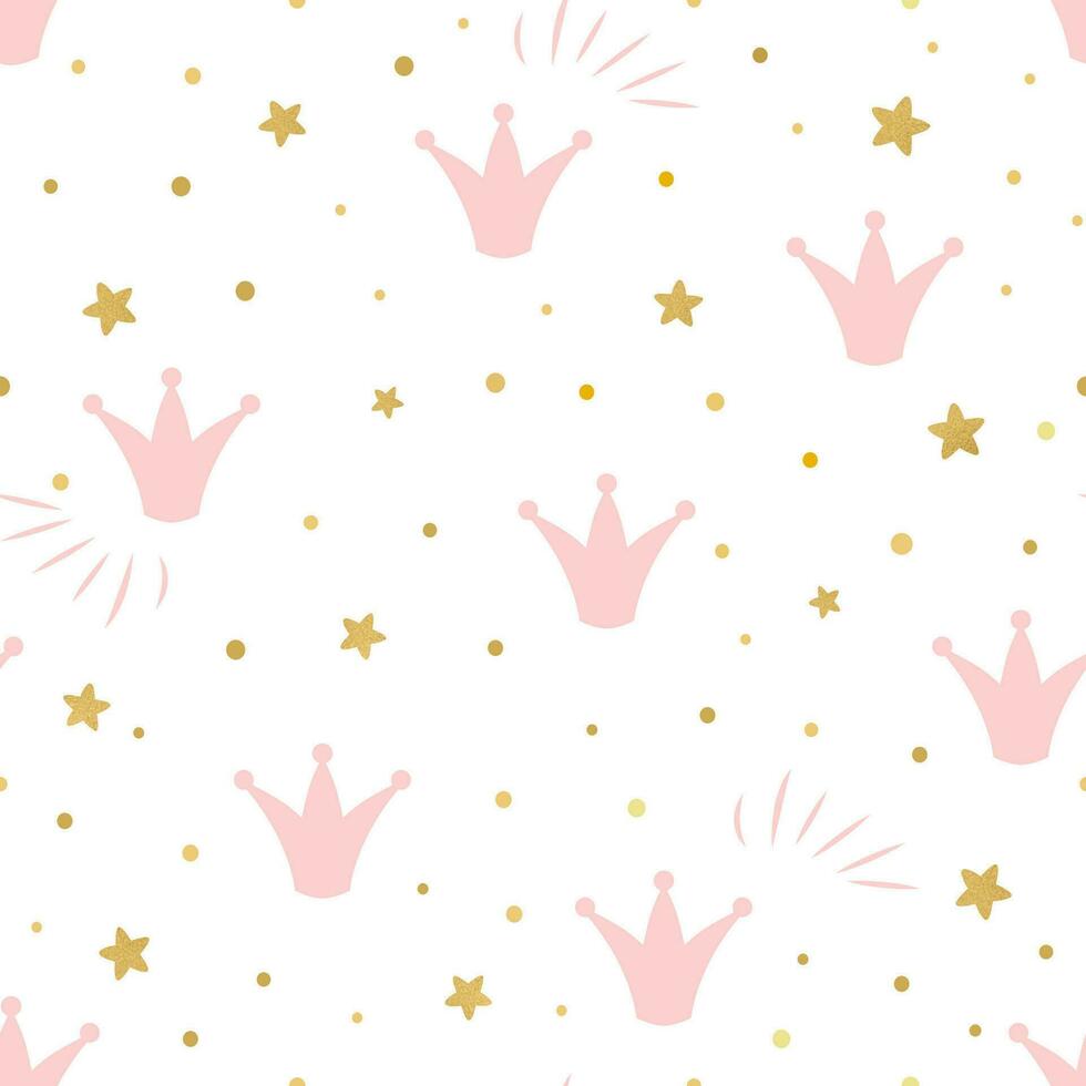 Pink cute princess pattern Seamless background with a pink crown gold stars on a white background Can be used for wallpaper, pattern fills, web page background, surface textures. Vector Illustration