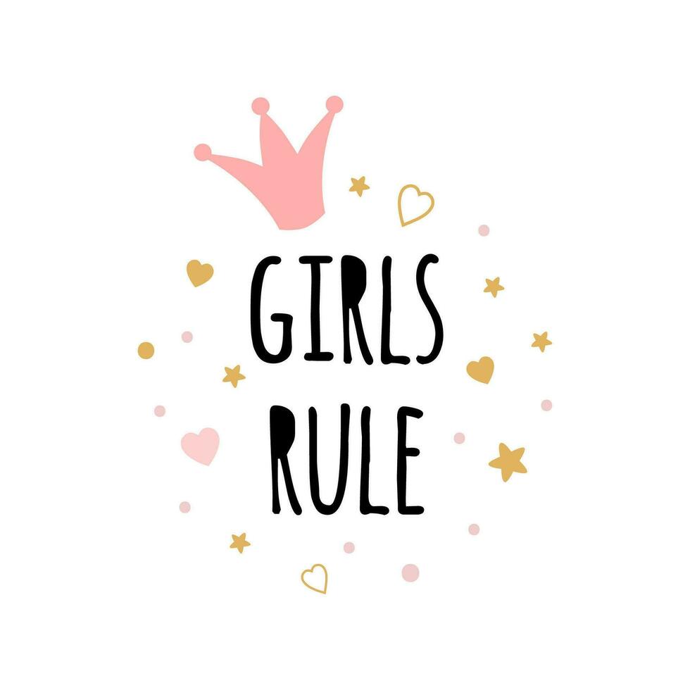 Girls Rule text hand drawn nursery poster pink crown gold stars isolated on white. Cute phrase Girls print Vector illustration Lettering design for kids room Childish style.