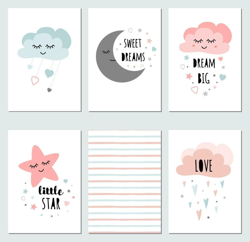 conjunto de carteles linda soñoliento Luna estrella nube para bebé habitación decoración sueño grande infantil estilo azul rosado color Perfecto para tela impresión logo firmar tarjetas pancartas niños pared Arte diseño vector ilustración.