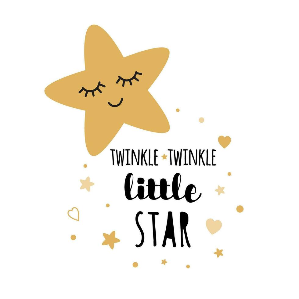 Twinkle twinkle little star text with cute golden stars for girl baby shower card template. Vector illustration. Banner for children birthday design, logo, label, sign, print. Inspirational quote