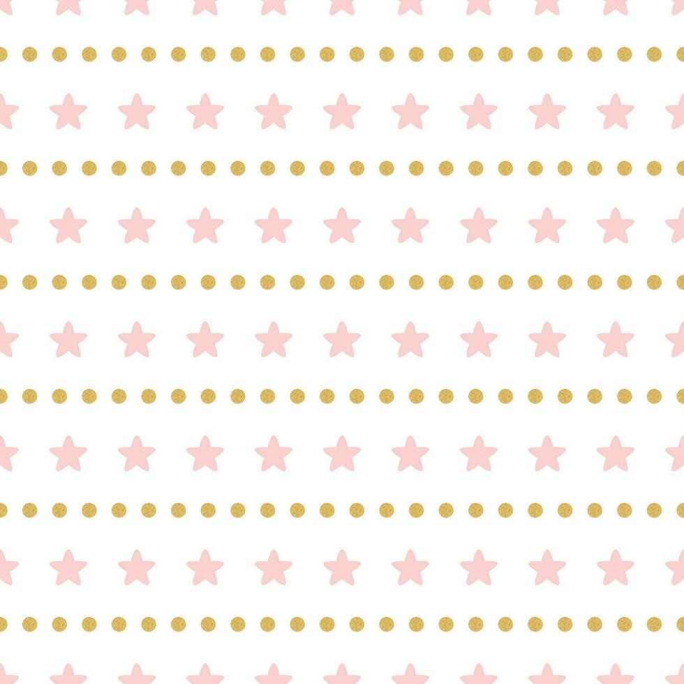 Bright abstract white modern seamless pattern with pink stars and golden polka dot lines Vector illustration for wrapping website invitation design Shiny gold background Golden texture Festive banner.