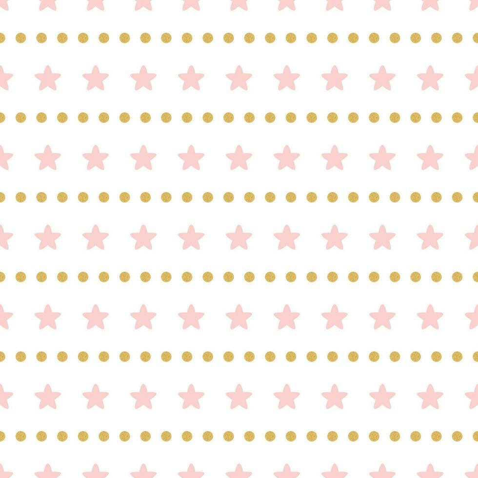 Bright abstract white modern seamless pattern with pink stars and golden polka dot lines Vector illustration for wrapping website invitation design Shiny gold background Golden texture Festive banner.