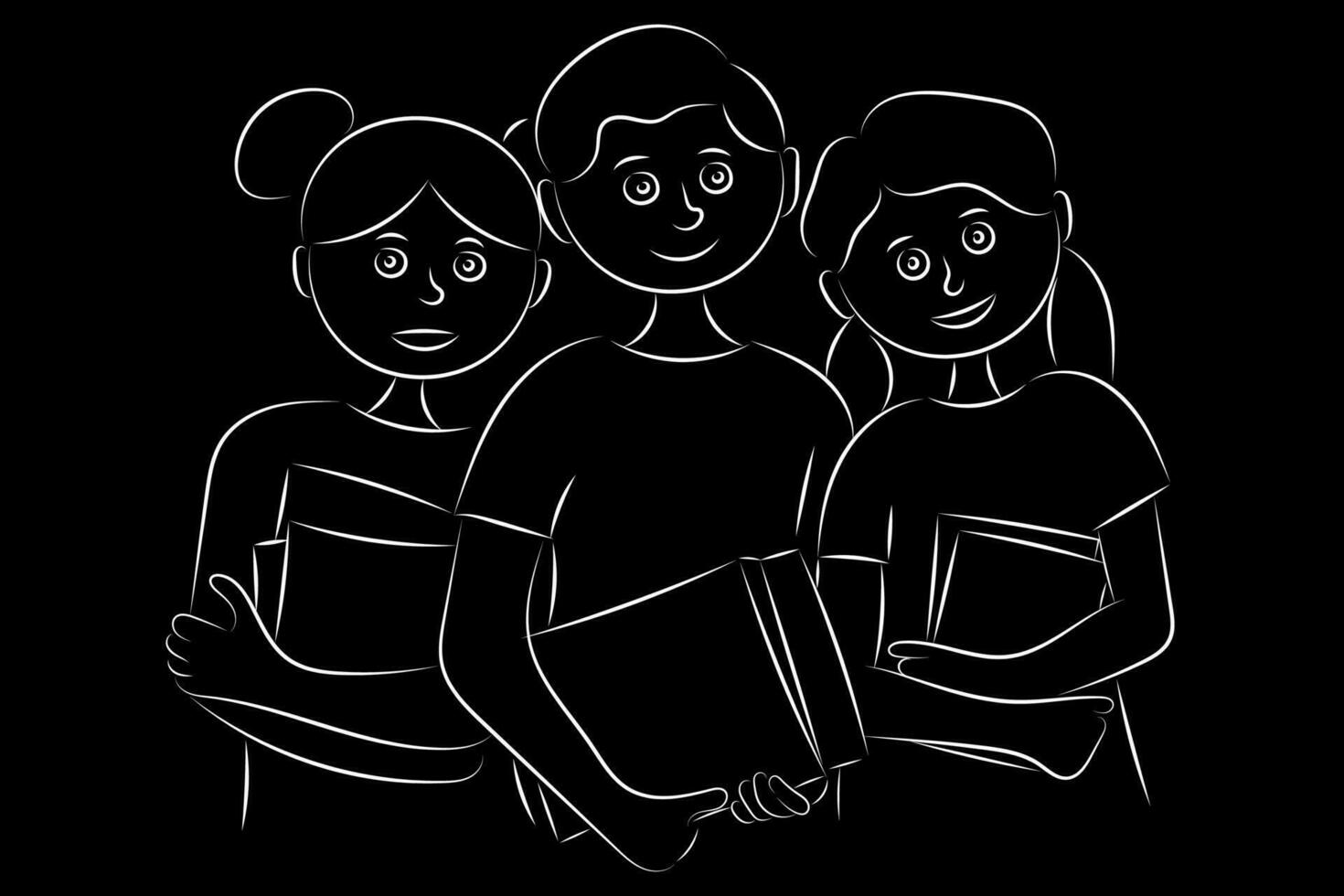 Sketch portrait of cartoon children with books in their hands, white contour on black, schoolchildren, students, knowledge day vector