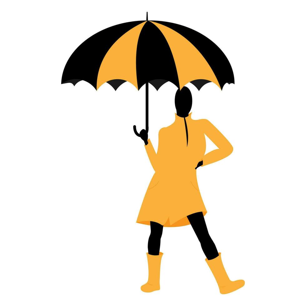 An elegant girl with a striped umbrella in a yellow raincoat and yellow boots in an avant-garde style. Autumn mood to illustrate confidence and determination vector