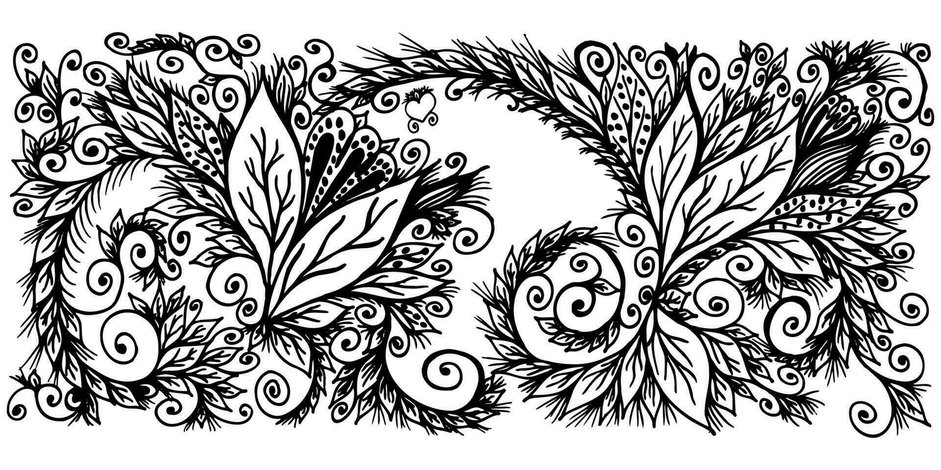 Graphic swirls monochrome ornament with abstract flowers decorative doodle background vector