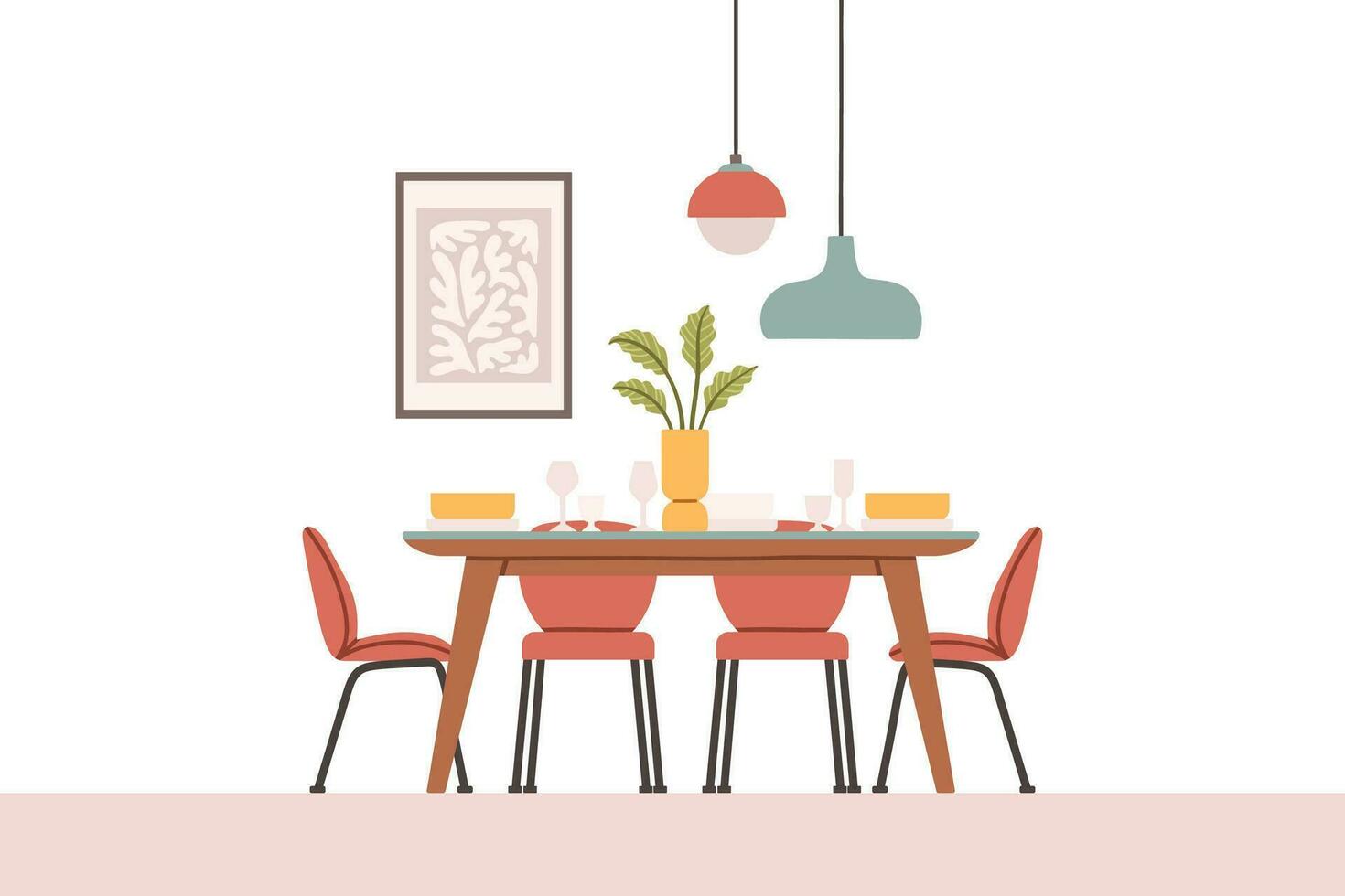 Dining table in kitchen with chairs, plates and wineglasses. Flat cartoon style vector illustration. Vector illustration