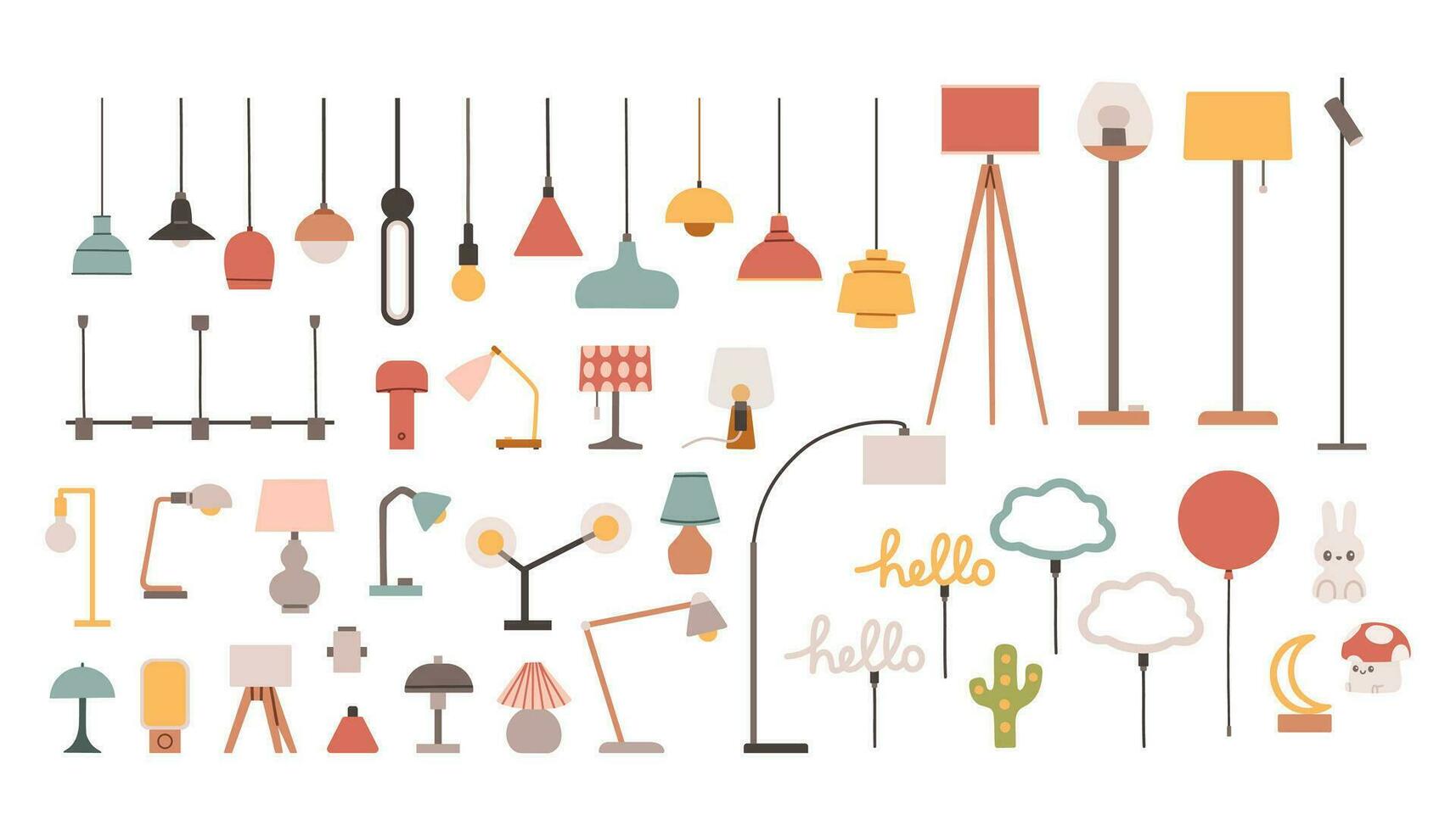Set of lamp. Vector collection of floor lamp table lamp ceiling lamp. Vector cartoon set. Vector illustration