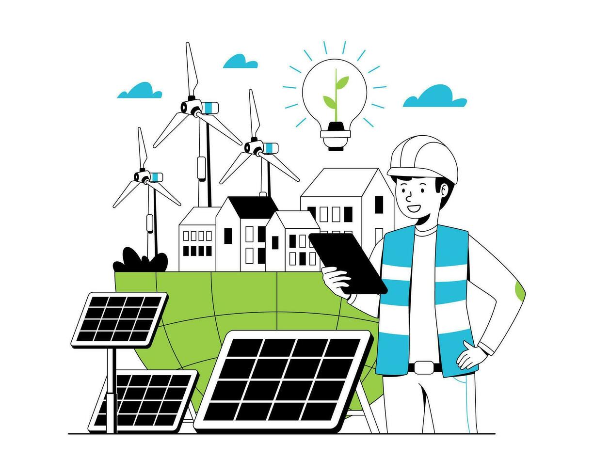 renovable energía concepto. vector ilustración de limpiar eléctrico energía desde renovable fuentes, sol, y viento. sostenible verde energía, renovable energía fuentes, y verde electricidad