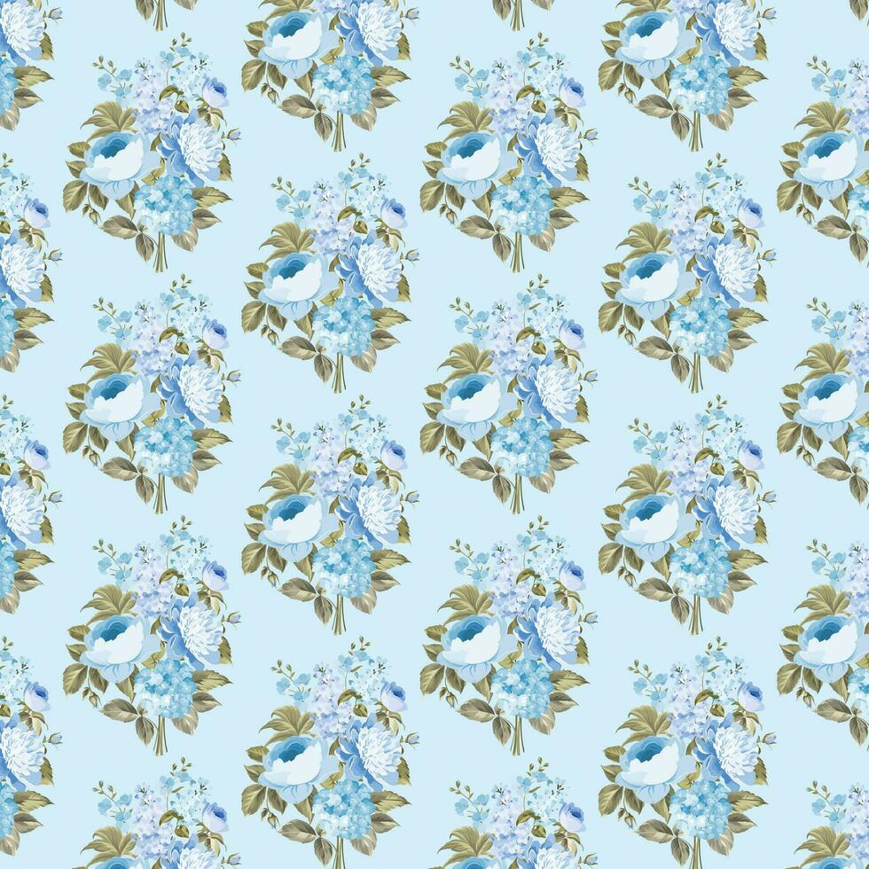 Vector white and blue seamless roses pattern in retro style with trailing vines and large flowers suitable for fabric or interior design