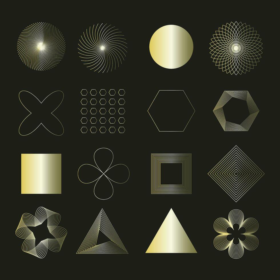 Set of golden geometric elements and frames. Geometrical polyhedron, art thin line decoration style - vector. Set of golden badges and labels. Decorative elements for logo, branding, card, invitation. vector