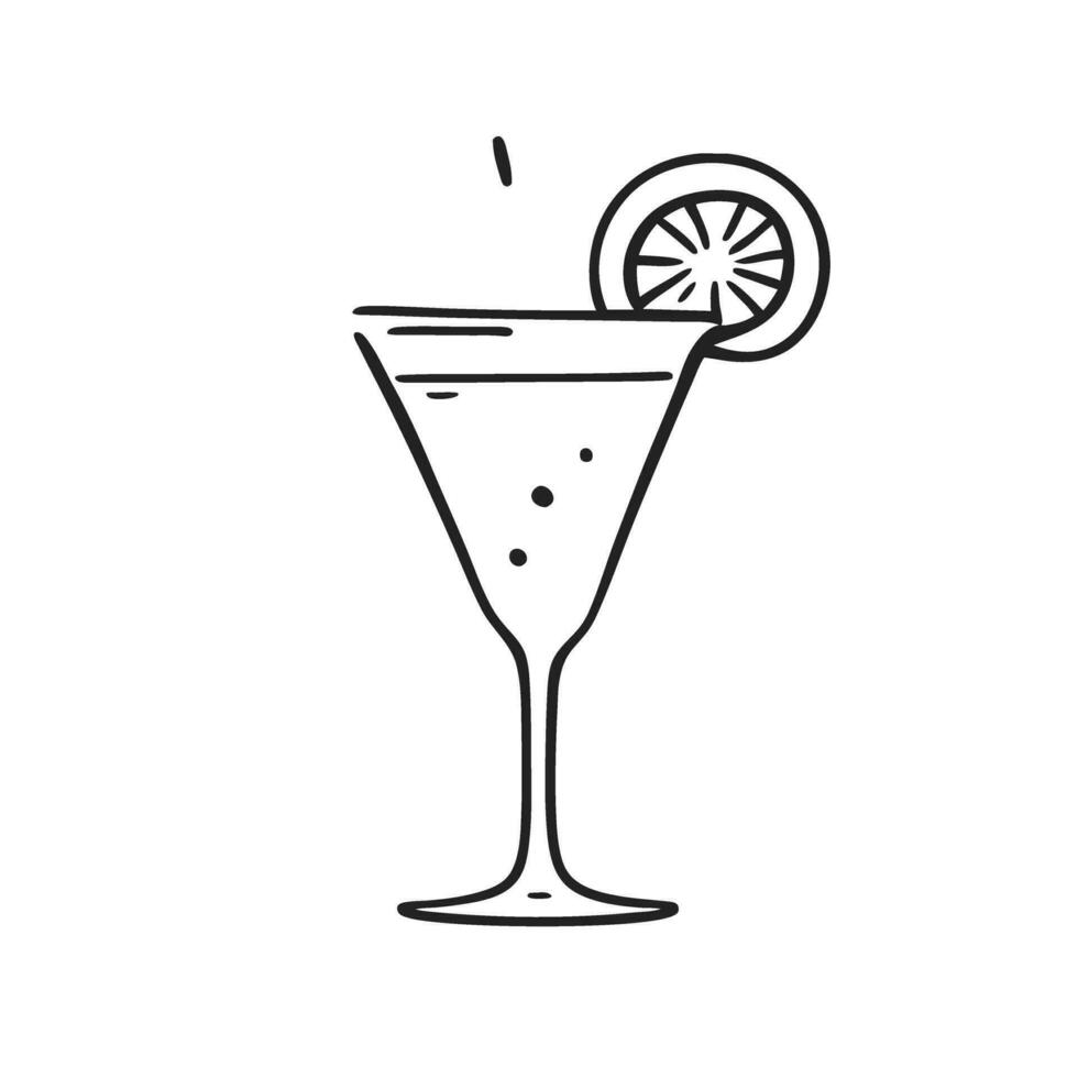 Martini Cocktail with slice of lime. Icon. A slice of lemon with a martini or mojito glass. Cocktail glass, doodle style. Line art. vector