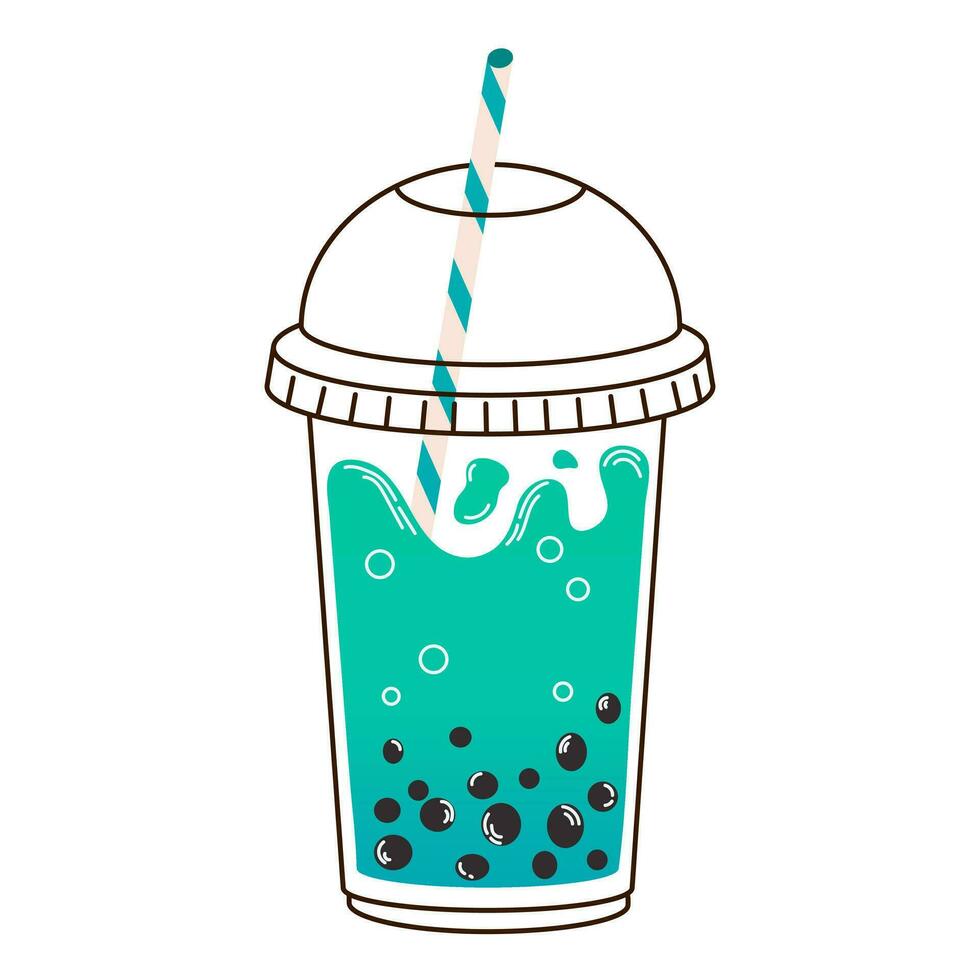 Cup of green bubble milk tea with lid, stick and tapioca in flat style isolated on white background. For print, design, poster vector