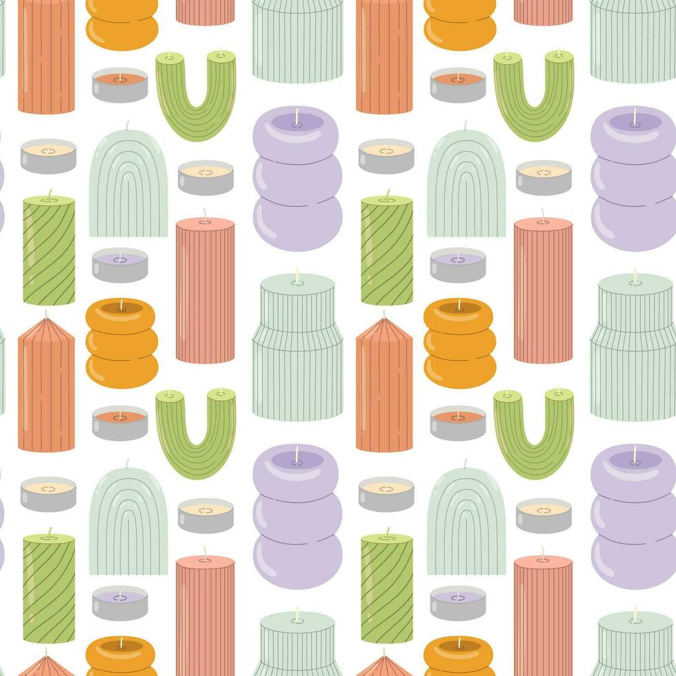 Seamless colorful pattern with different modern handmade aroma candles on white background in flat style. Home design, interior concept. For background, textile, wrapper vector