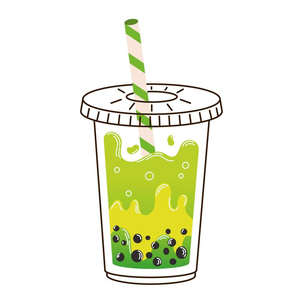Cup of yellow green bubble tea with stick, lid and tapioca in flat style isolated on white background. For print, design, poster vector