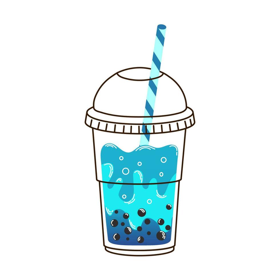 Cup of blue bubble tea with lid, stick and tapioca in flat style isolated on white background. For print, design, poster vector