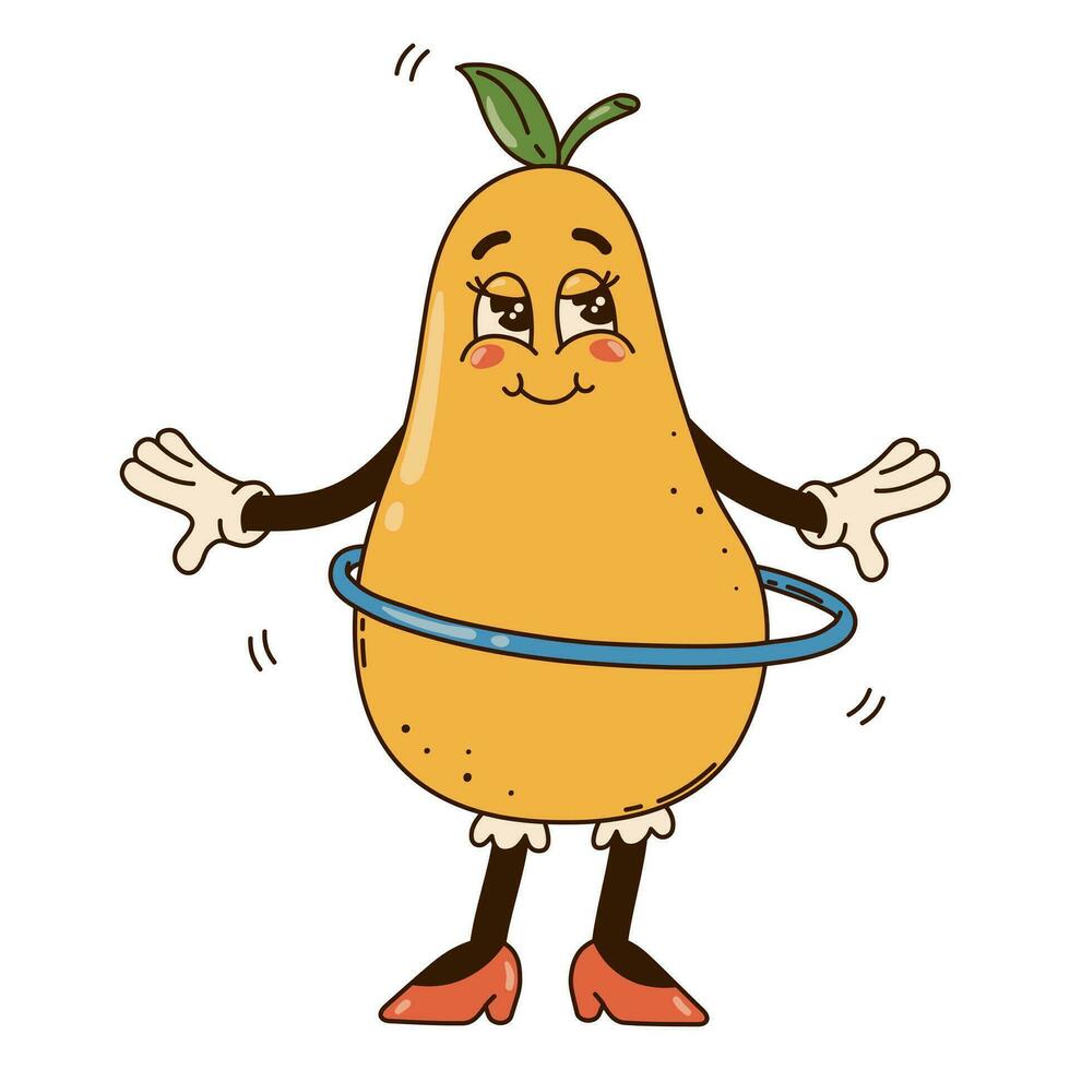 Isolated groovy character pear with hula hoop in gloves in flat retro classic cartoon style on white background. Illustration for your design, print, card, poster, stickers vector