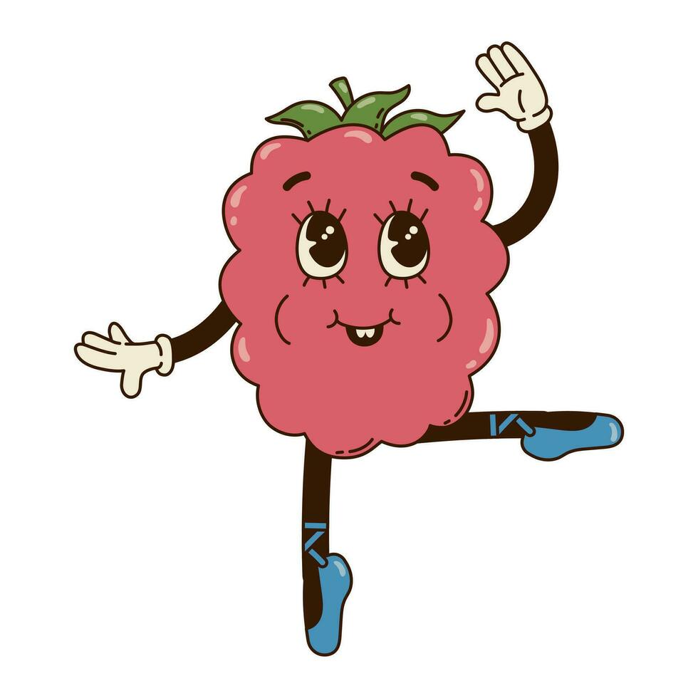 Isolated groovy character raspberry dancing ballet in gloves in flat retro classic cartoon style on white background. Illustration for your design, print, card, poster, stickers vector