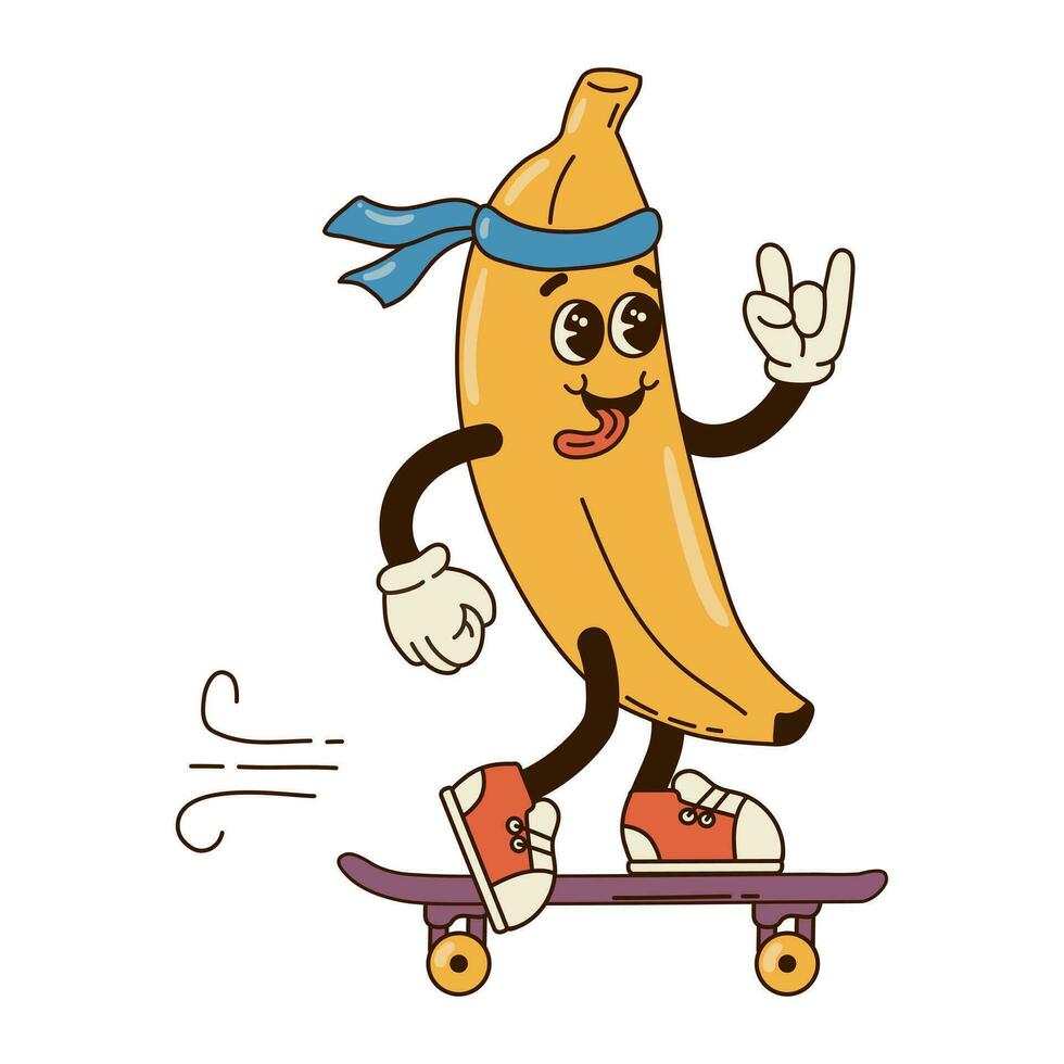 Isolated groovy character banana in gloves on skate board in flat retro classic cartoon style on white background. Illustration for your design, print, card, poster, stickers vector