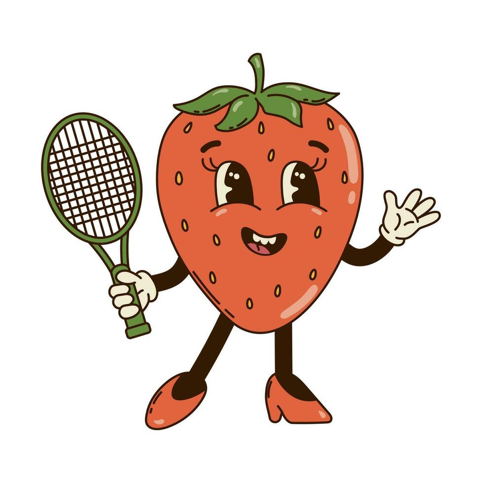 Isolated groovy character strawberry playing tennis in gloves in flat retro classic cartoon style on white background. Illustration for your design, print, card, poster, stickers vector