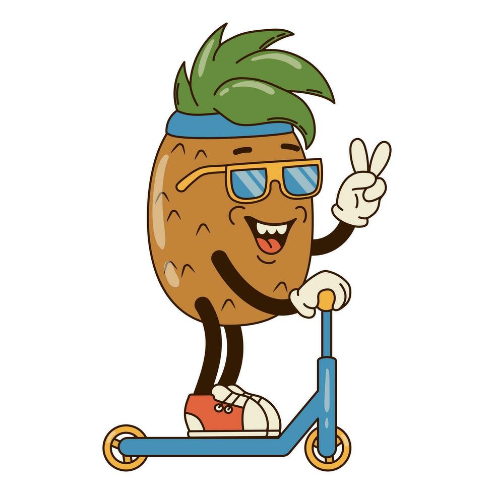 Isolated groovy character pineapple with sunglasses on scooter in gloves in flat retro classic cartoon style on white background. Illustration for your design, print, card, poster, stickers vector