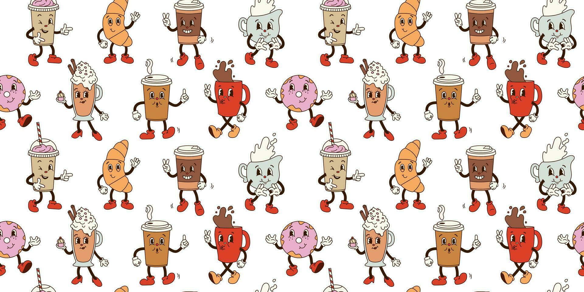 Seamless pattern with groovy coffee characters in old cartoon classic flat style on white. Mug, coffee to go, donut, cappuccino, croissant, milk. For print, textile, background vector