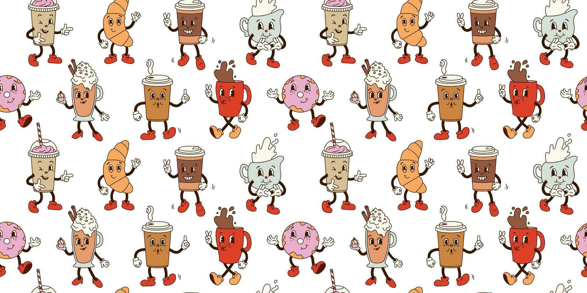 Seamless pattern with groovy coffee characters in old cartoon classic flat style on white. Mug, coffee to go, donut, cappuccino, croissant, milk. For print, textile, background vector