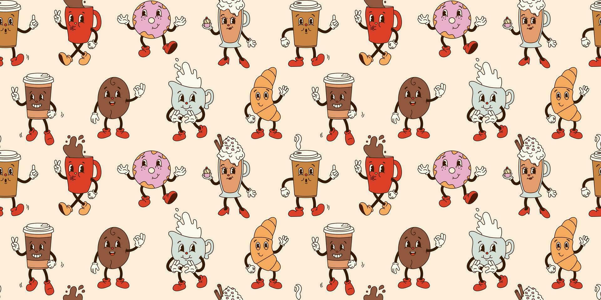 Seamless pattern with groovy coffee characters in old cartoon classic flat style on beige. Mug, coffee to go, donut, cappuccino, croissant, bean. For print, textile, background vector