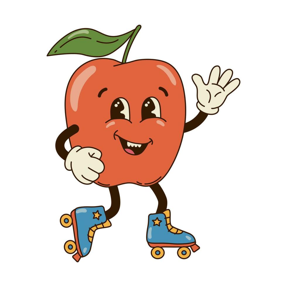 Isolated groovy character red apple in gloves on roller skates in flat retro classic cartoon style on white background. Illustration for your design, print, card, poster, stickers vector