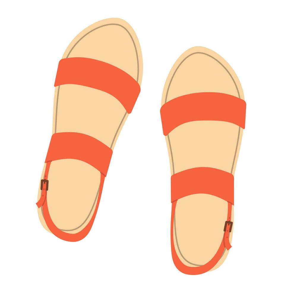 Isolated female summer red shoes with straps. Stylish modern design sandals. Flat hand drawn colorful vector illustration on white background.