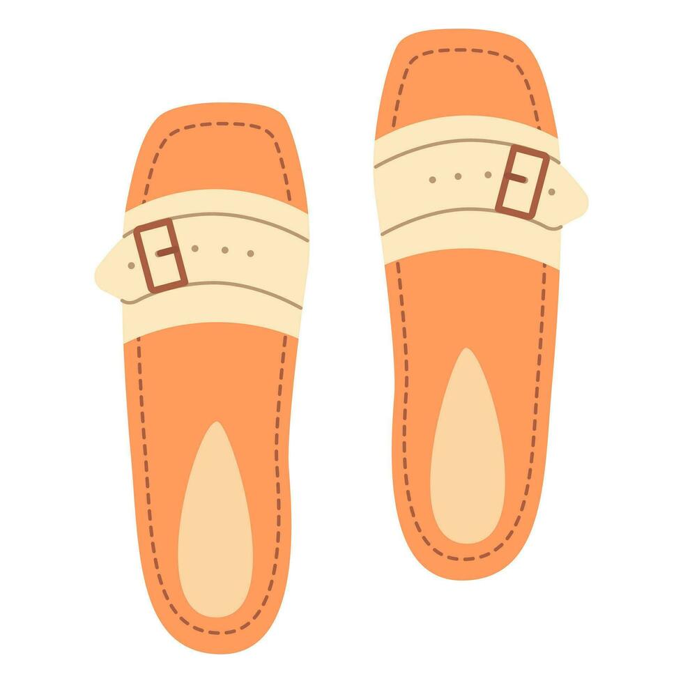 Isolated female summer beige shoes. Stylish modern design flip flops. Flat hand drawn colorful vector illustration on white background.