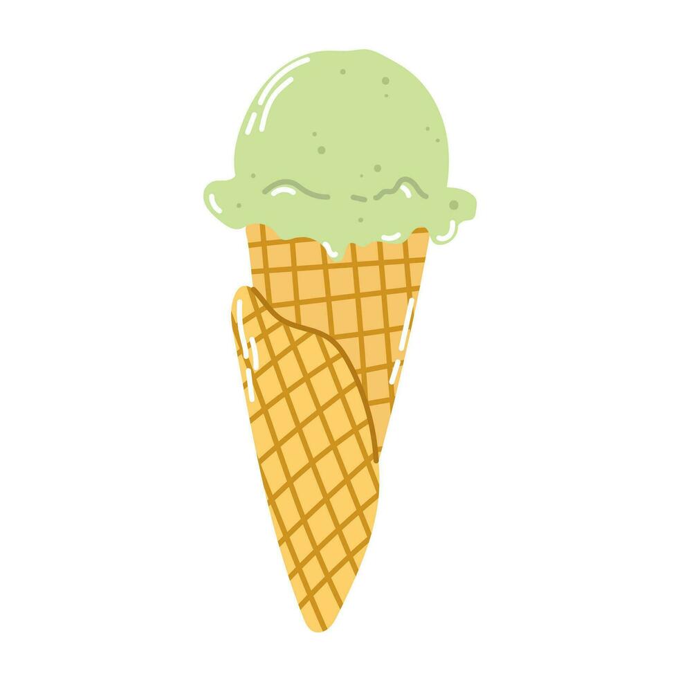 aislado dibujos animados pistacho hielo crema en un gofre cono en plano vector estilo en blanco antecedentes. verano alimento.