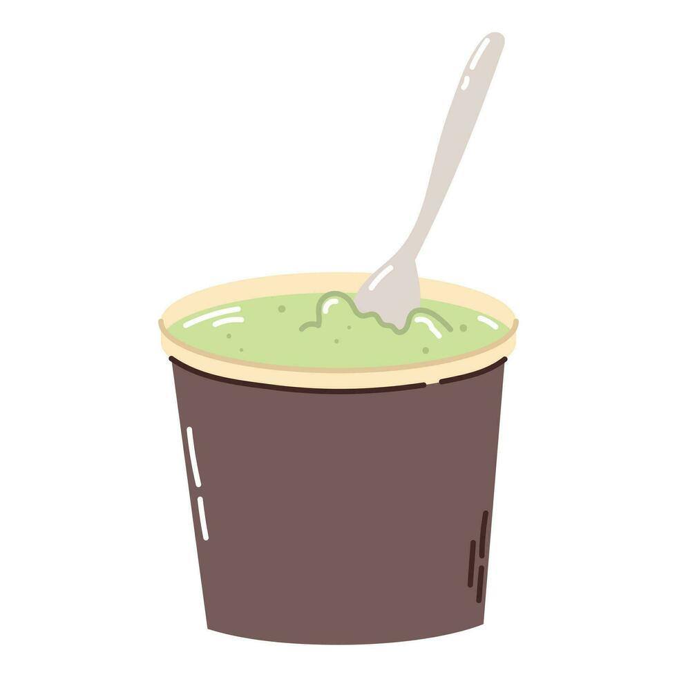 Isolated cartoon colorful pistachio ice cream in brown box with a spoon in flat vector style on white background. Summer food.