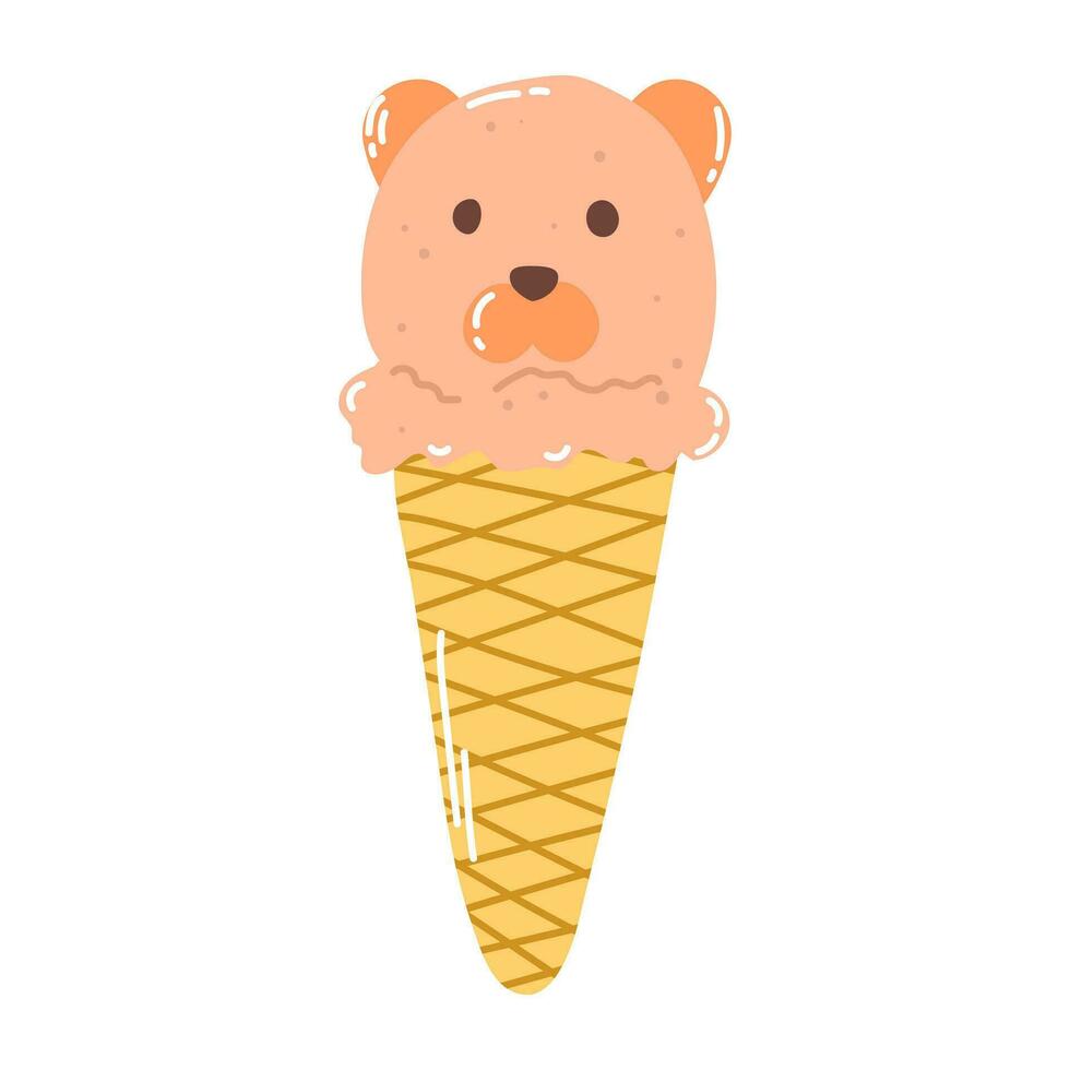 Isolated cartoon colorful ice cream in a waffle cone with orange ball in shape bear in flat vector style on white background. Summer food.