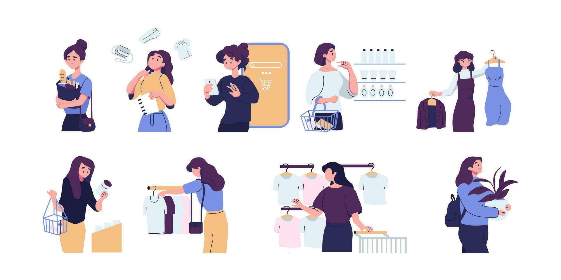 People shoppers choosing goods in retail stores flat style illustration vector design