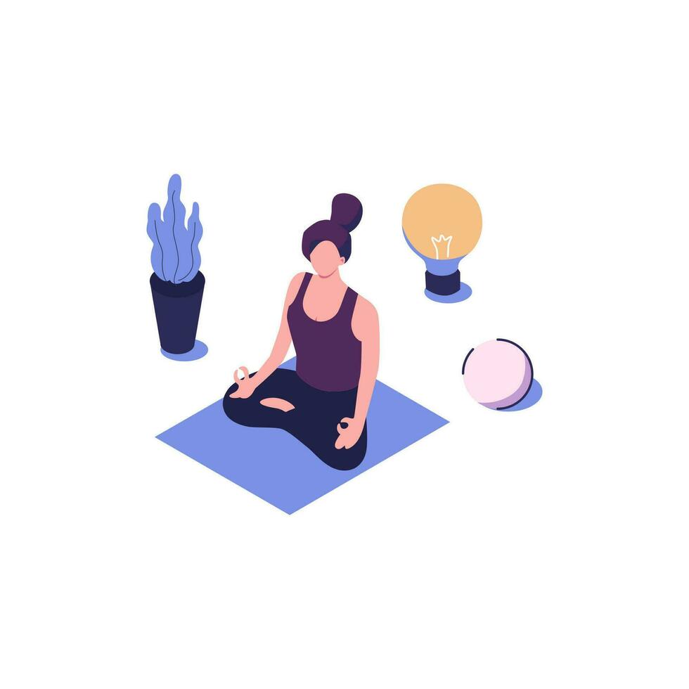 meditación flujo de trabajo salud beneficios para cuerpo plano estilo isométrica ilustración vector diseño