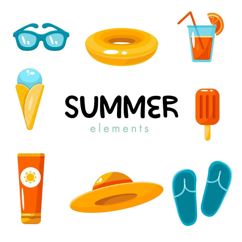 Summer element set with ice cream, sunglasses, cocktail, sunscreen, hat vector