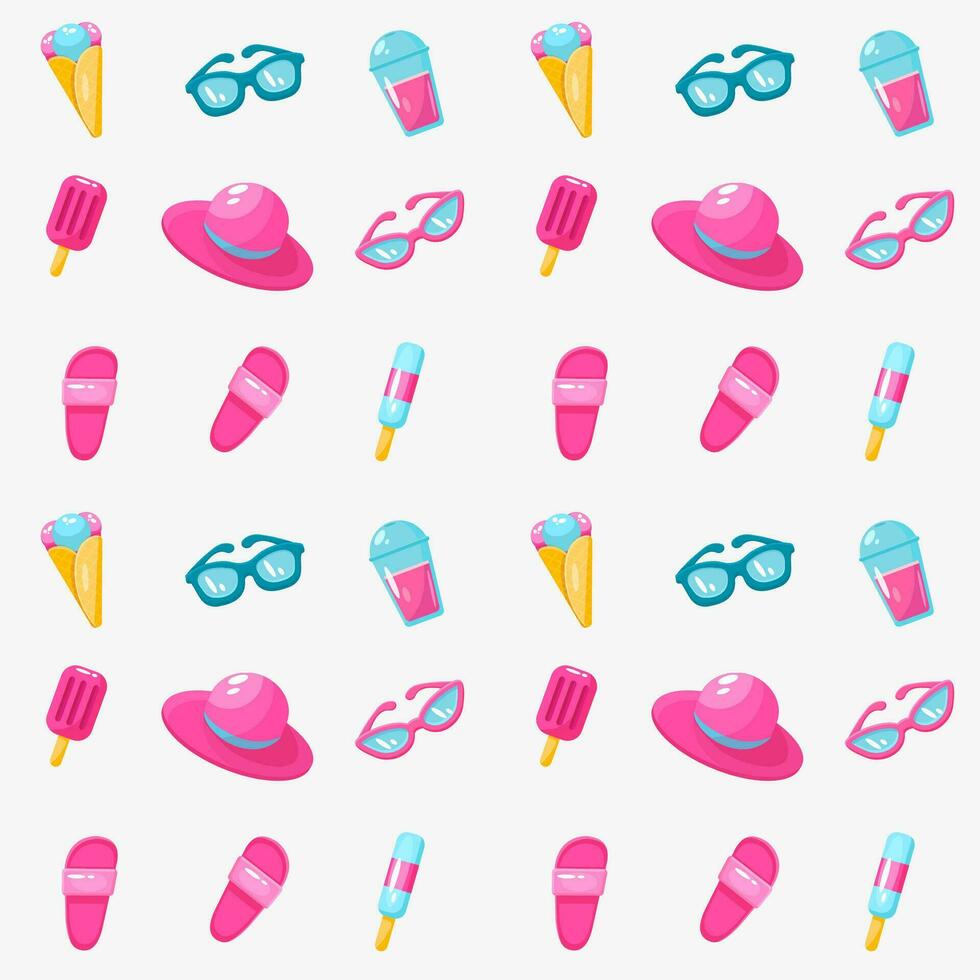 Summer seamless pattern with ice cream, cocktail, babbles, sunglasses, hat vector